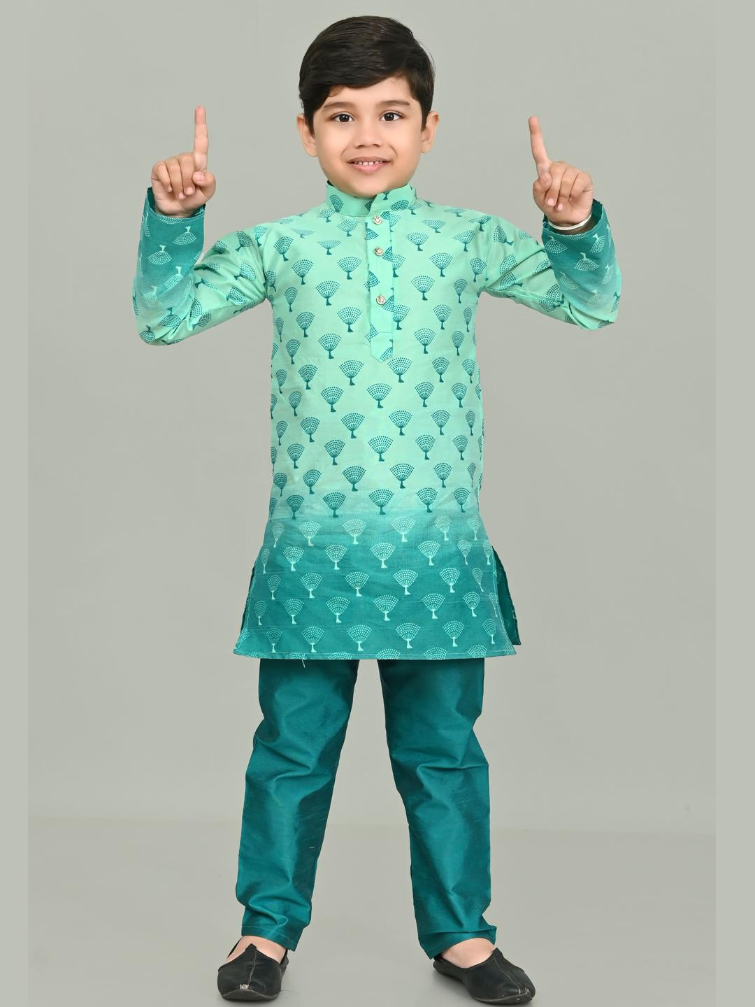 HUMAN CHOICE Boy Sea Green Printed Regular Dupion Silk Kurta with Pyjama