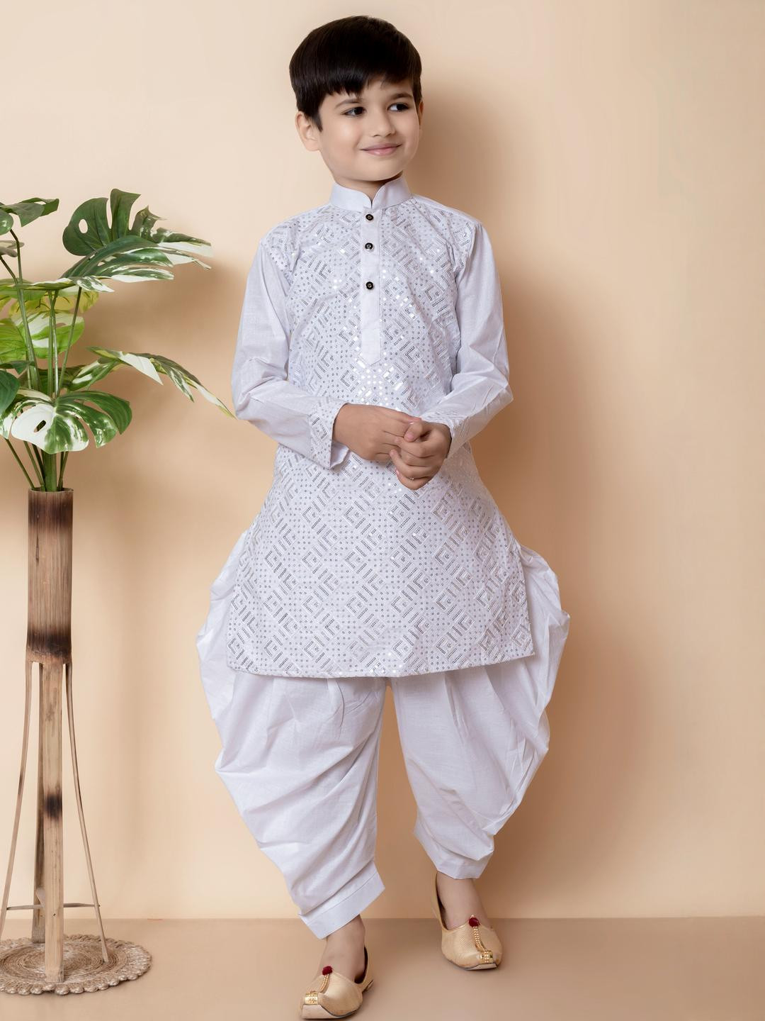 HUMAN CHOICE Boys White Embroidered Regular Sequins Work Cotton Kurta with Patiala