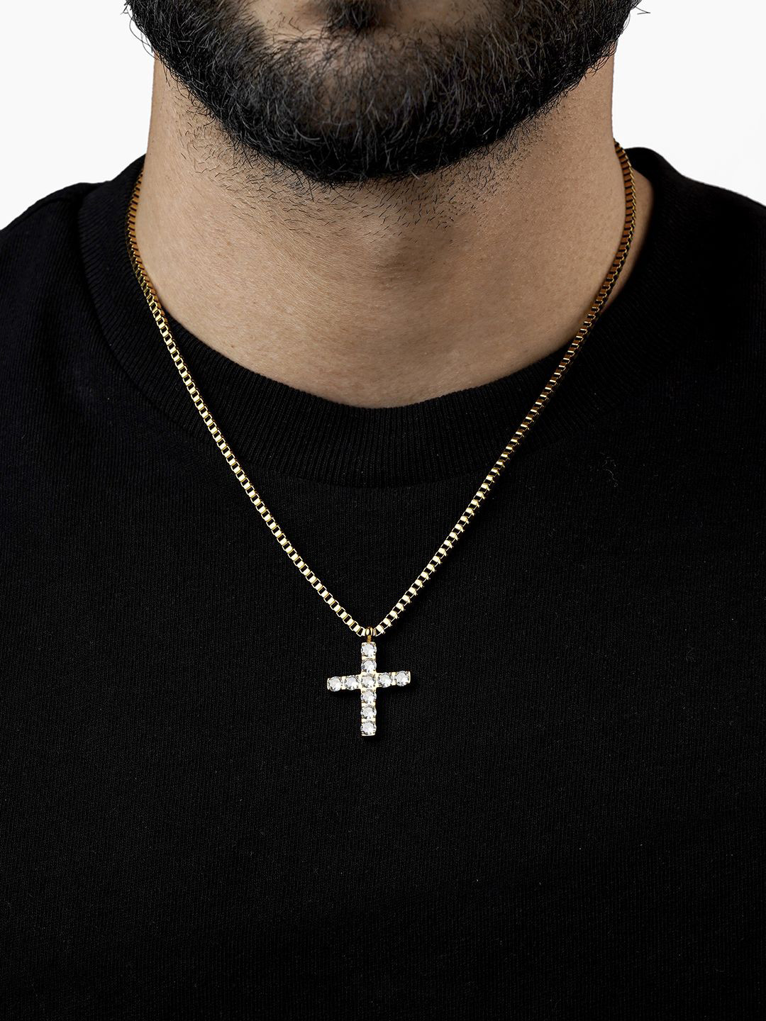 SWASHAA Men Gold-Plated Stainless Steel Diamond-Studded Auron Cross Pendant With Chain