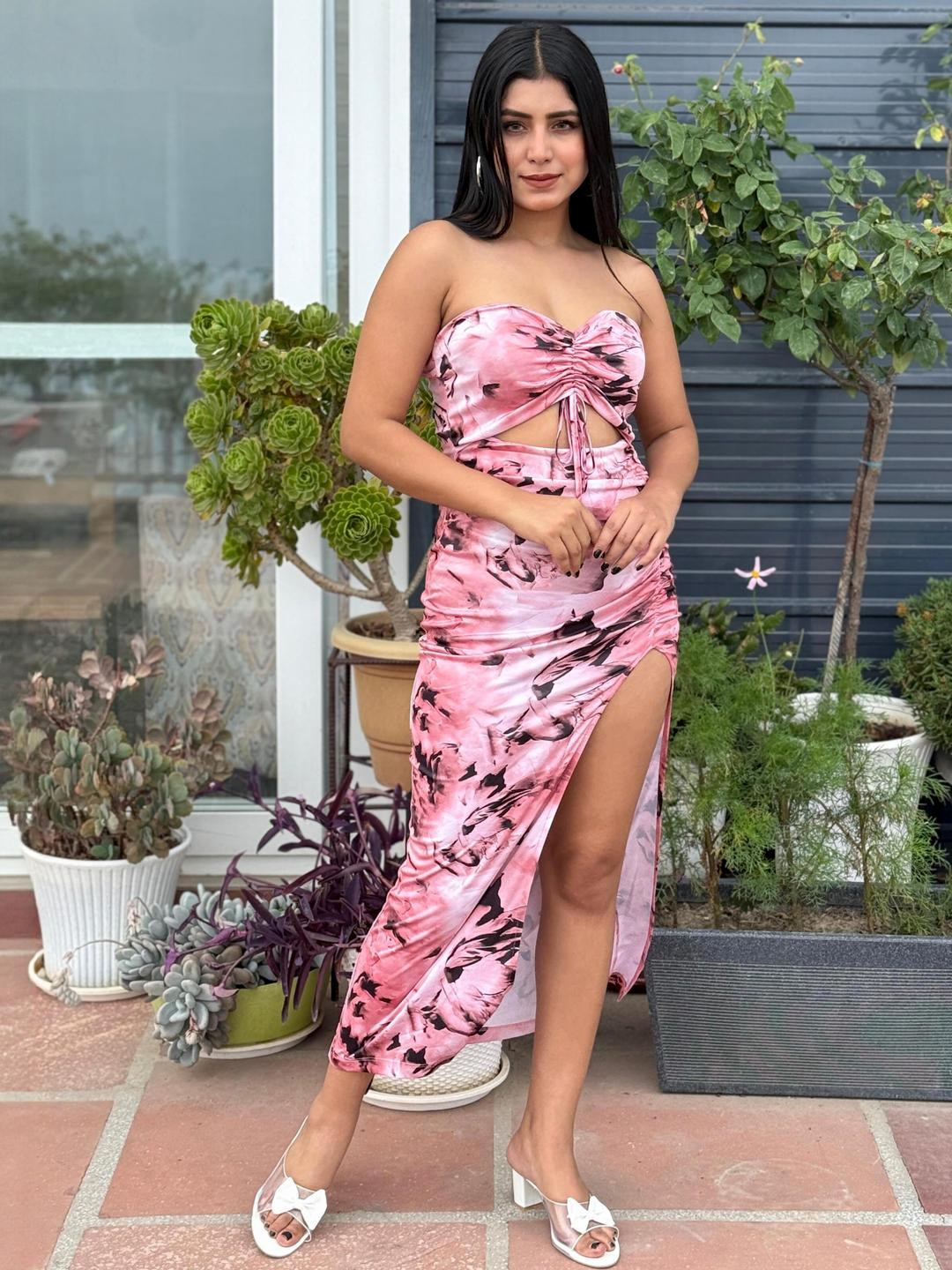 TANDUL Multicoloured abstract print Strapless bodycon dress