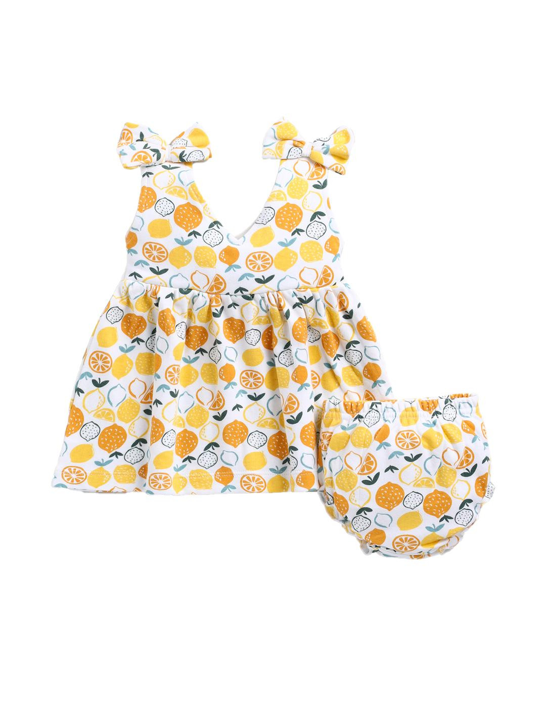 THE COTTON BABY Girls Lemon Printed Cotton Dress with Panty