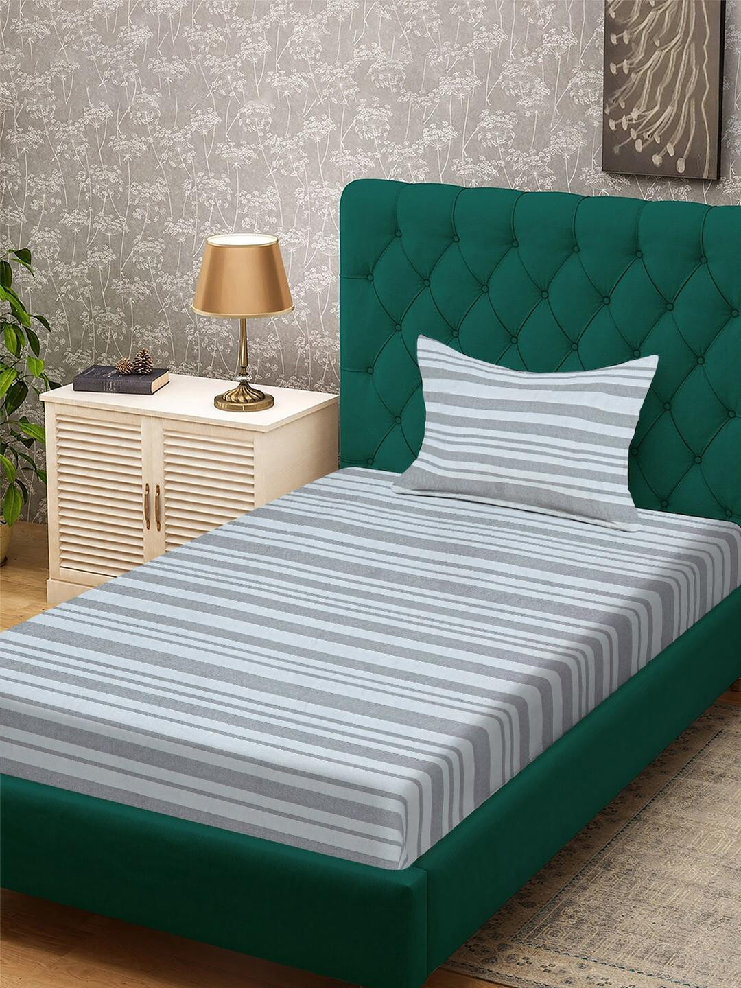 KLOTTHE Grey Striped Flat 300 TC Cotton Blend Double Bedsheet With Pillow Covers
