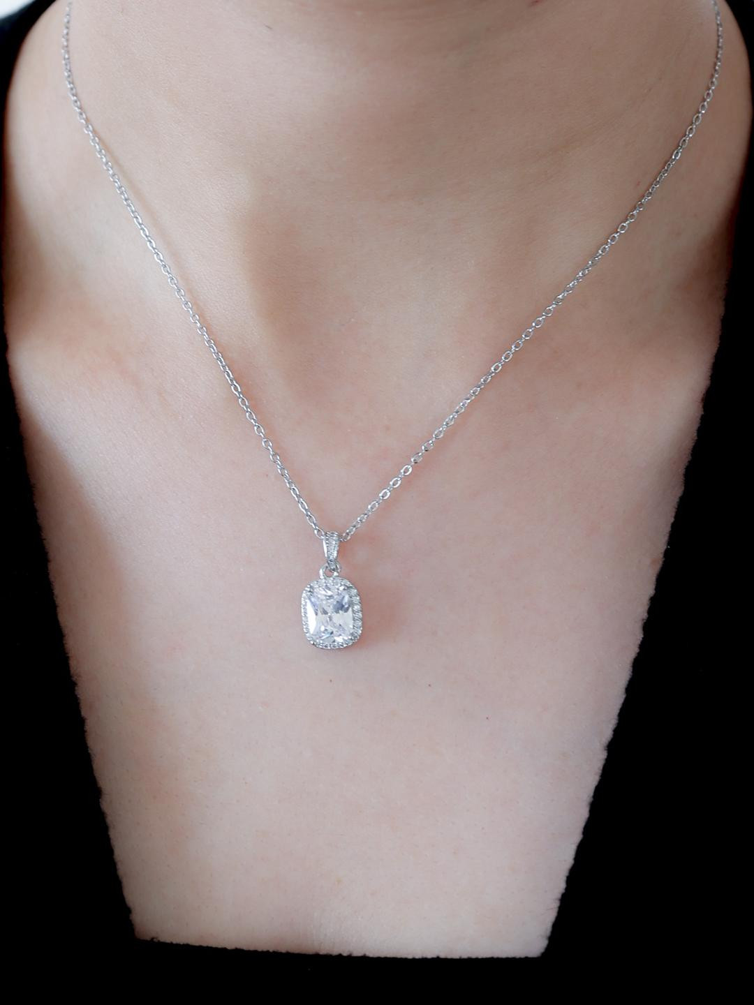 LOLO LePA Women Silver-Toned Studded Crystal Grace Pendant Necklace