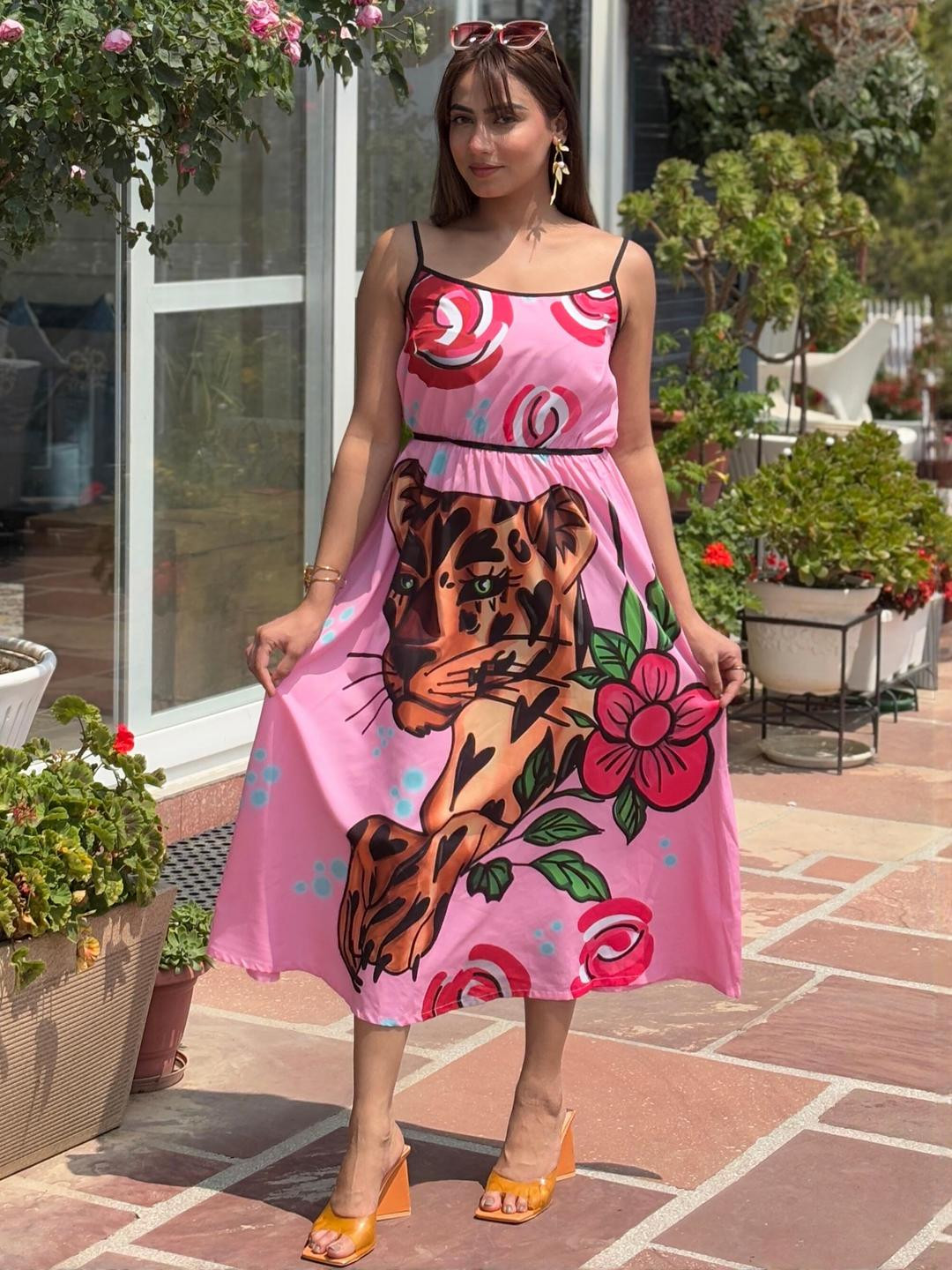 TANDUL Women Pink & Black Tiger & Floral Printed Sleeveless Crepe Dress