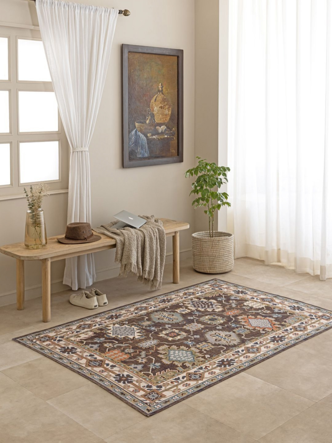 THEGASBH Brown & Cream Colored Printed Cotton Carpet