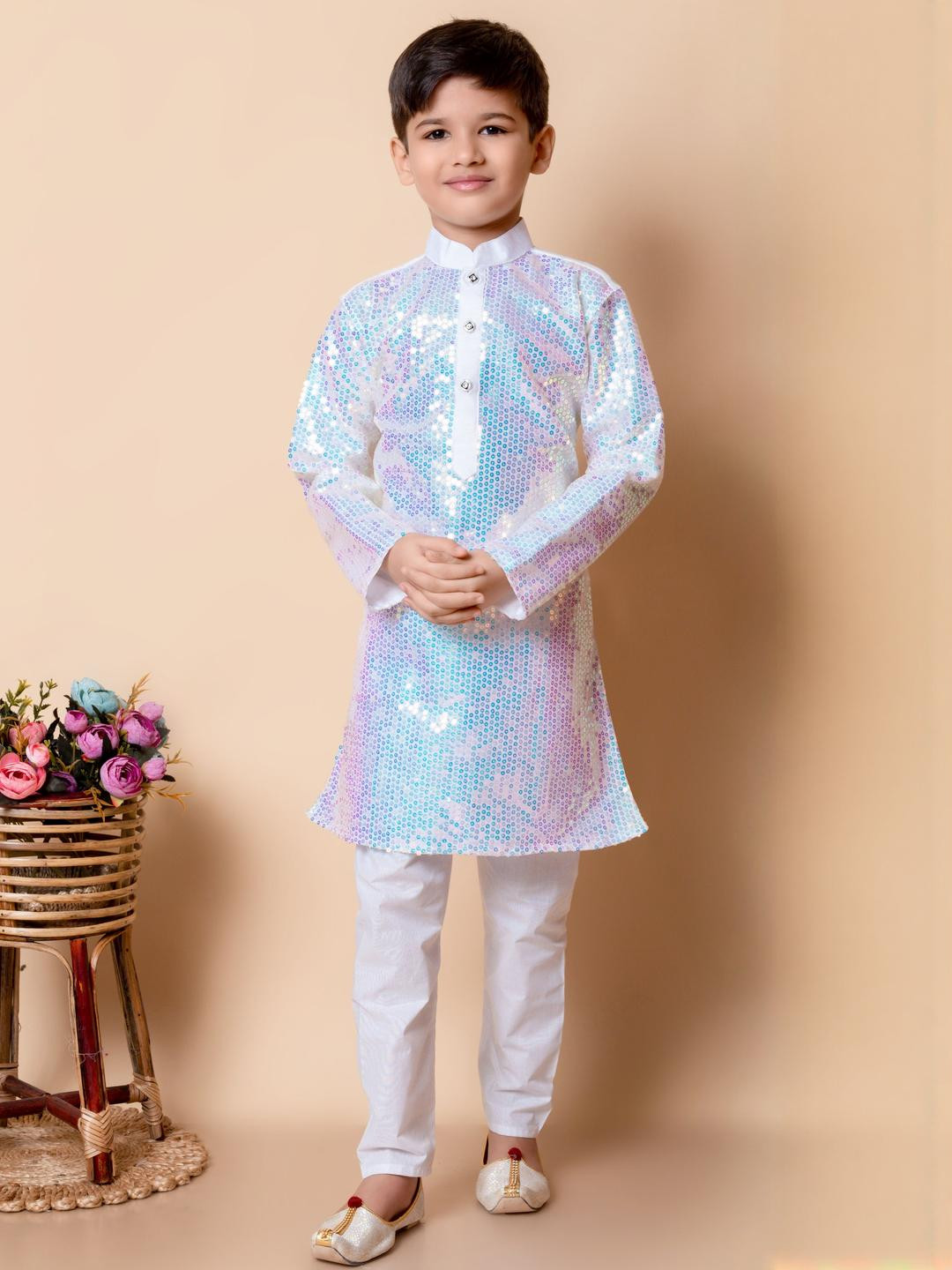 HUMAN CHOICE Boys White Dupion Silk Embroidered Kurta & Pyjamas