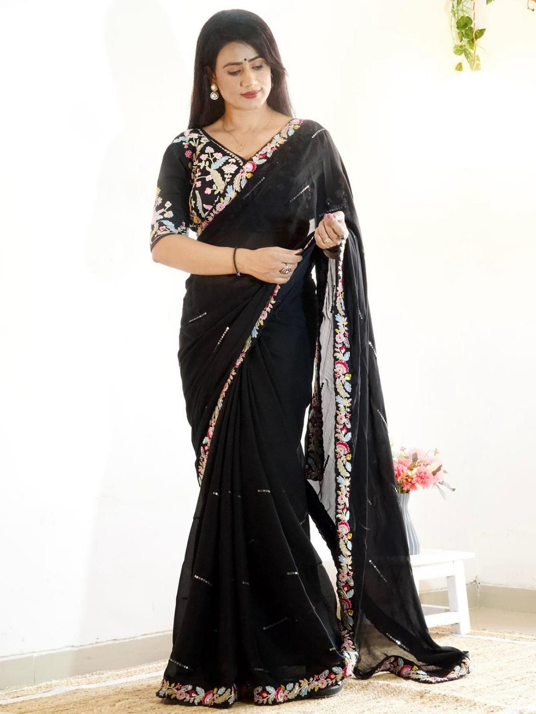 A.G.M.G FASHION Embellished Embroidered Border Saree With Blouse Piece