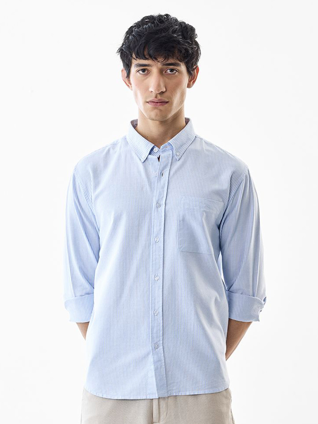 Snitch Pin Striped Button-Down Collar Pure Cotton Casual Shirt
