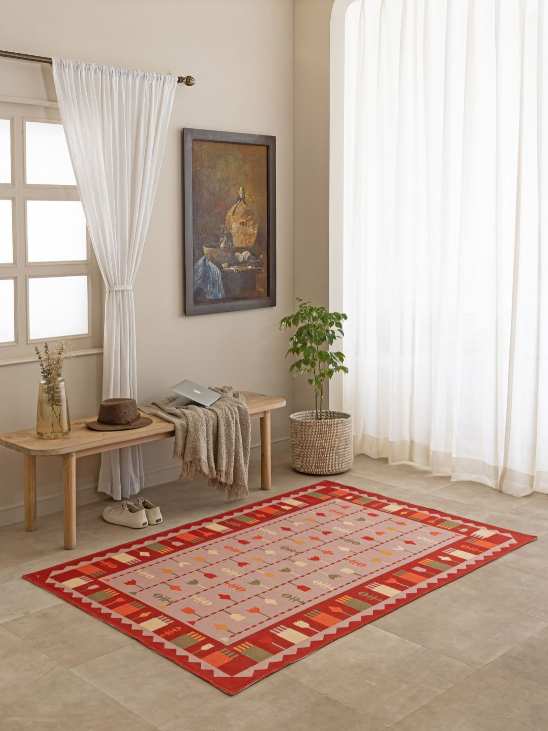THEGASBH Pink & Orange Colored Printed Cotton Carpet