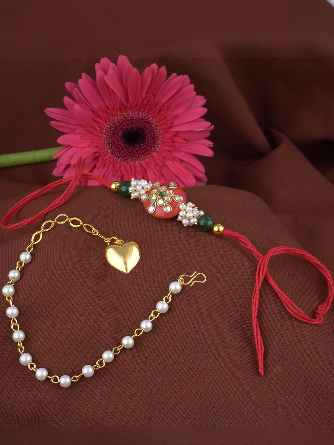 JFL - JEWELLERY FOR LESS Combo Rakhi Couple Pair Orange Kundan and Heart Charm Bracelet