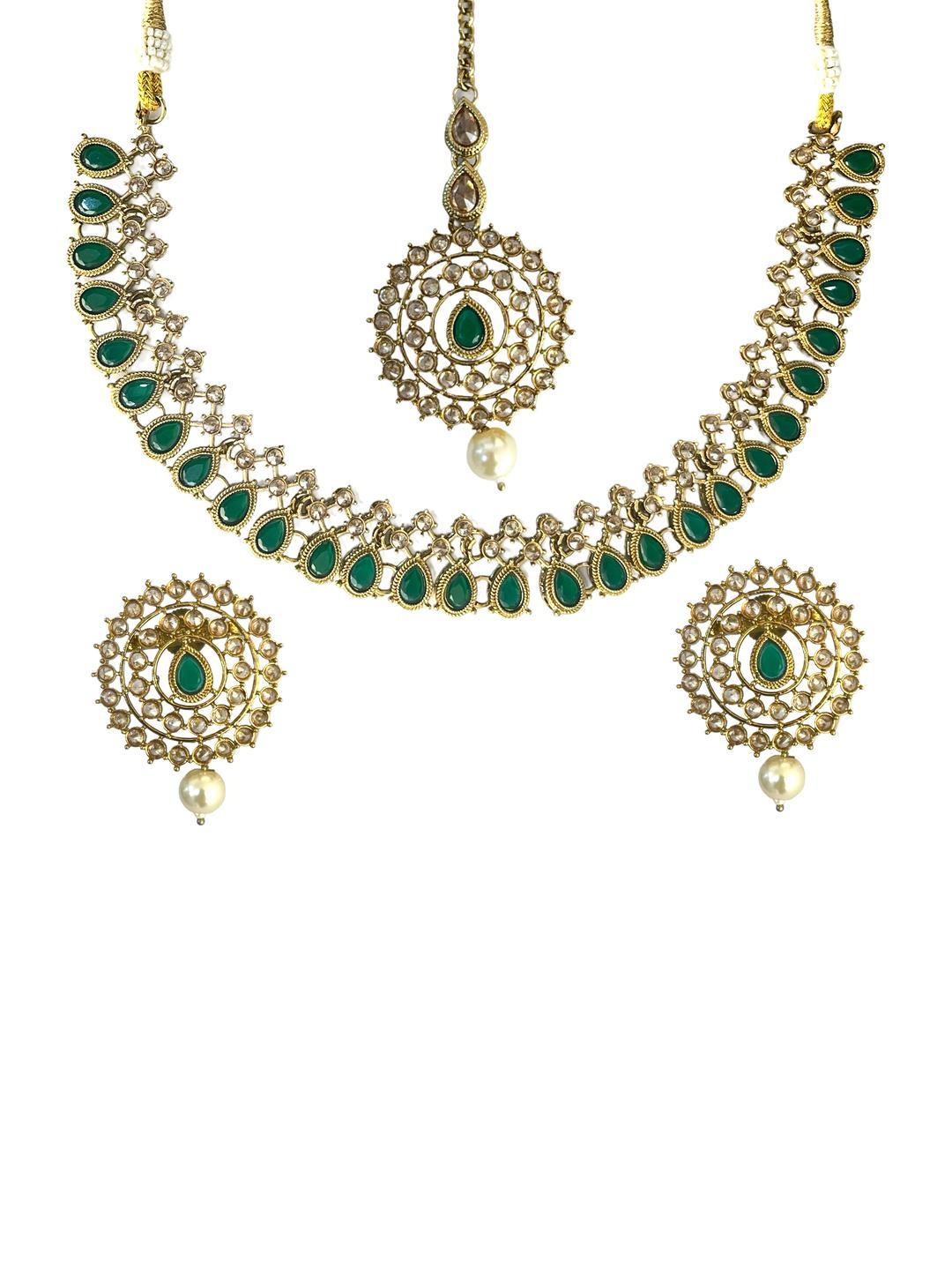 J D Jewellers Women Green Beads Luxurious Party Necklace Jewellery Set with Maang Tika
