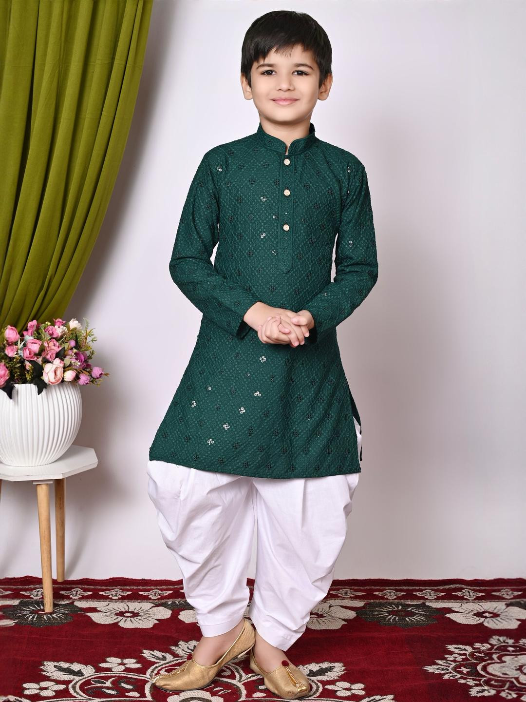 HUMAN CHOICE Boys Green Embroidered Regular Sequinned Kurta with Patiala