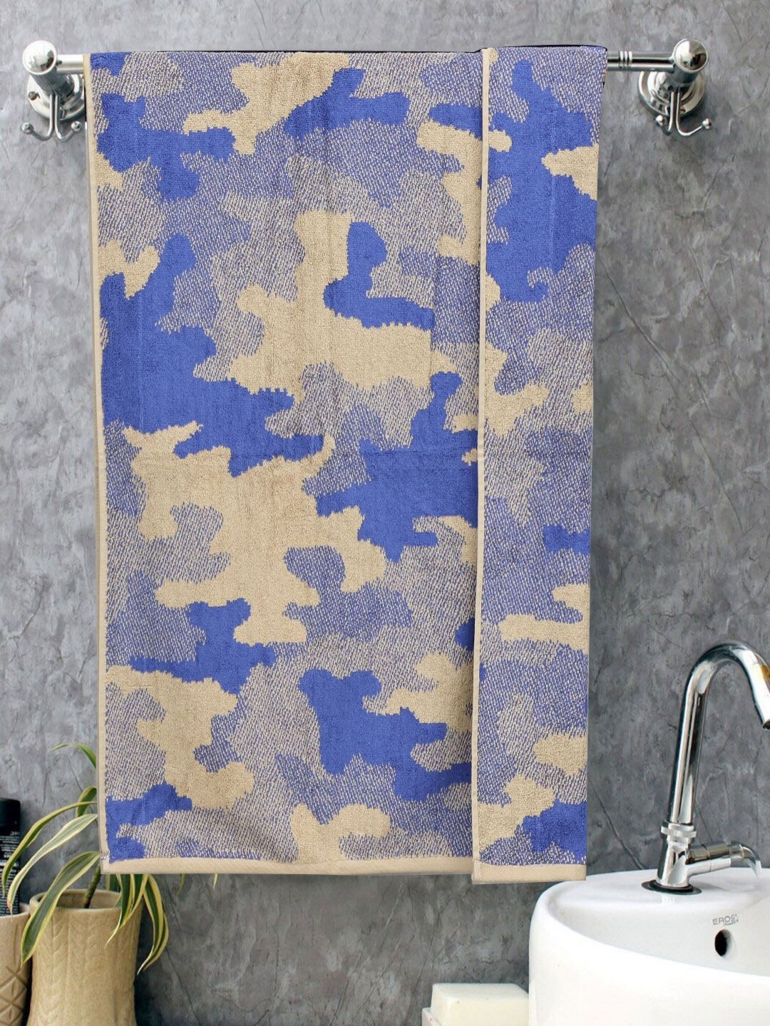 BOMBAY DYEING Blue & Cream Printed Pure Cotton 450 GSM Bath Towel