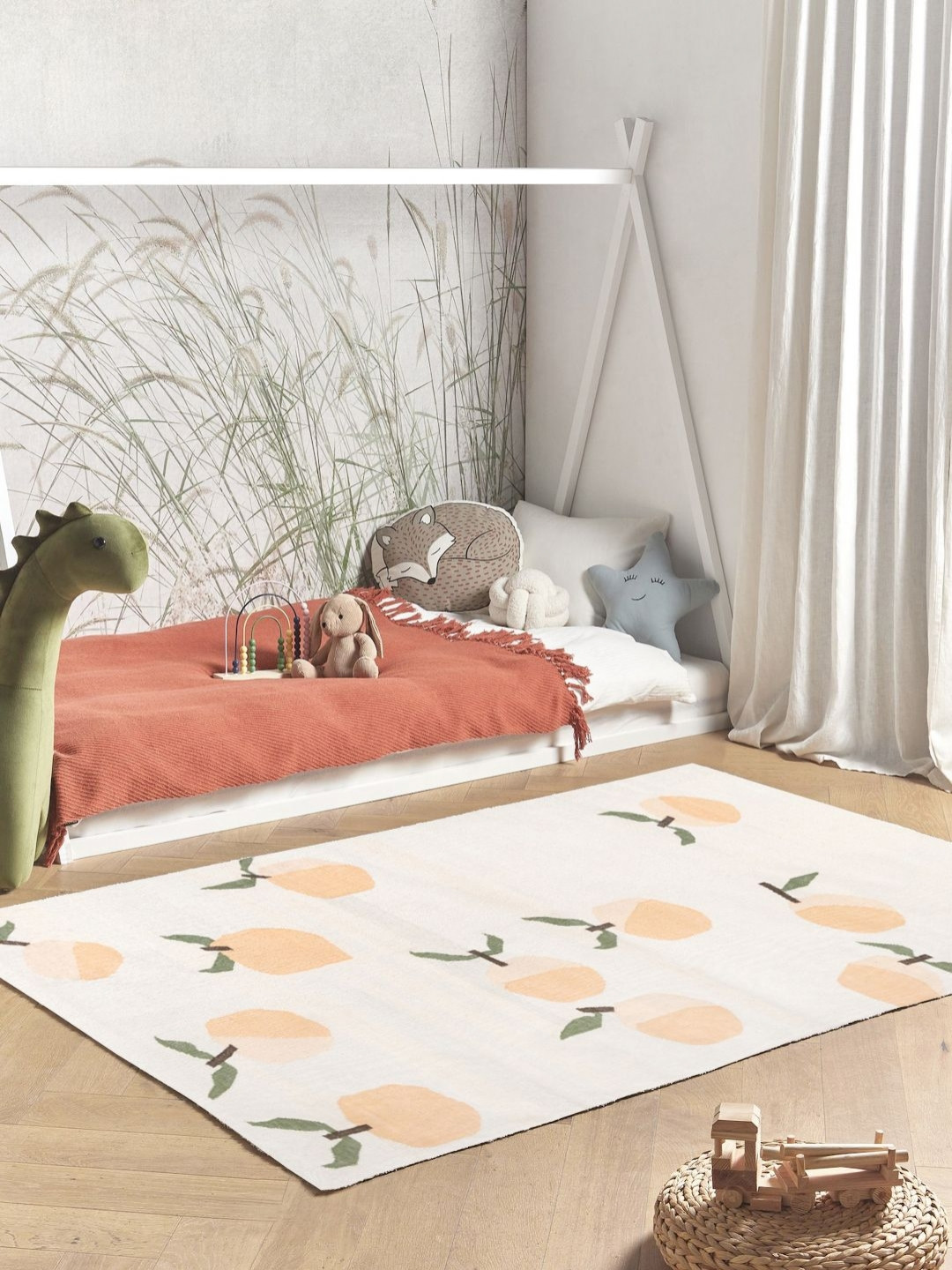 THEGASBH Off White & Peach Colored Printed Cotton Carpet