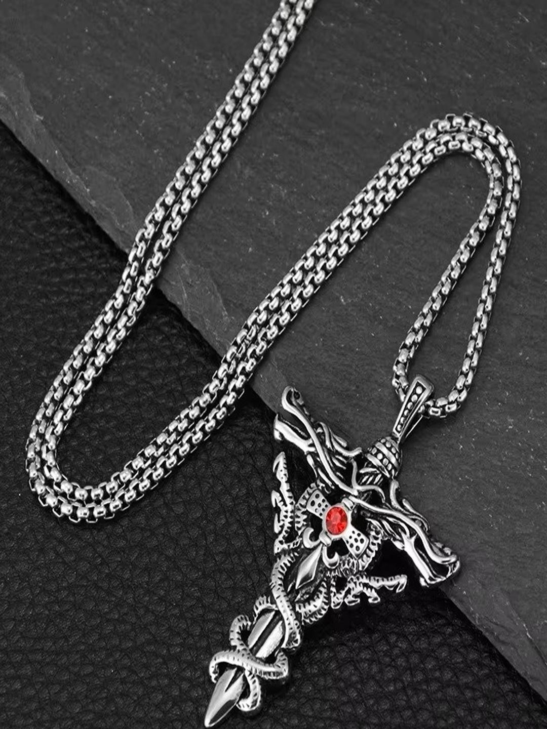 Vientiq Men Oxidised Silver Double Dragon Sword Angle Retro Cross Pendant Chain Necklace