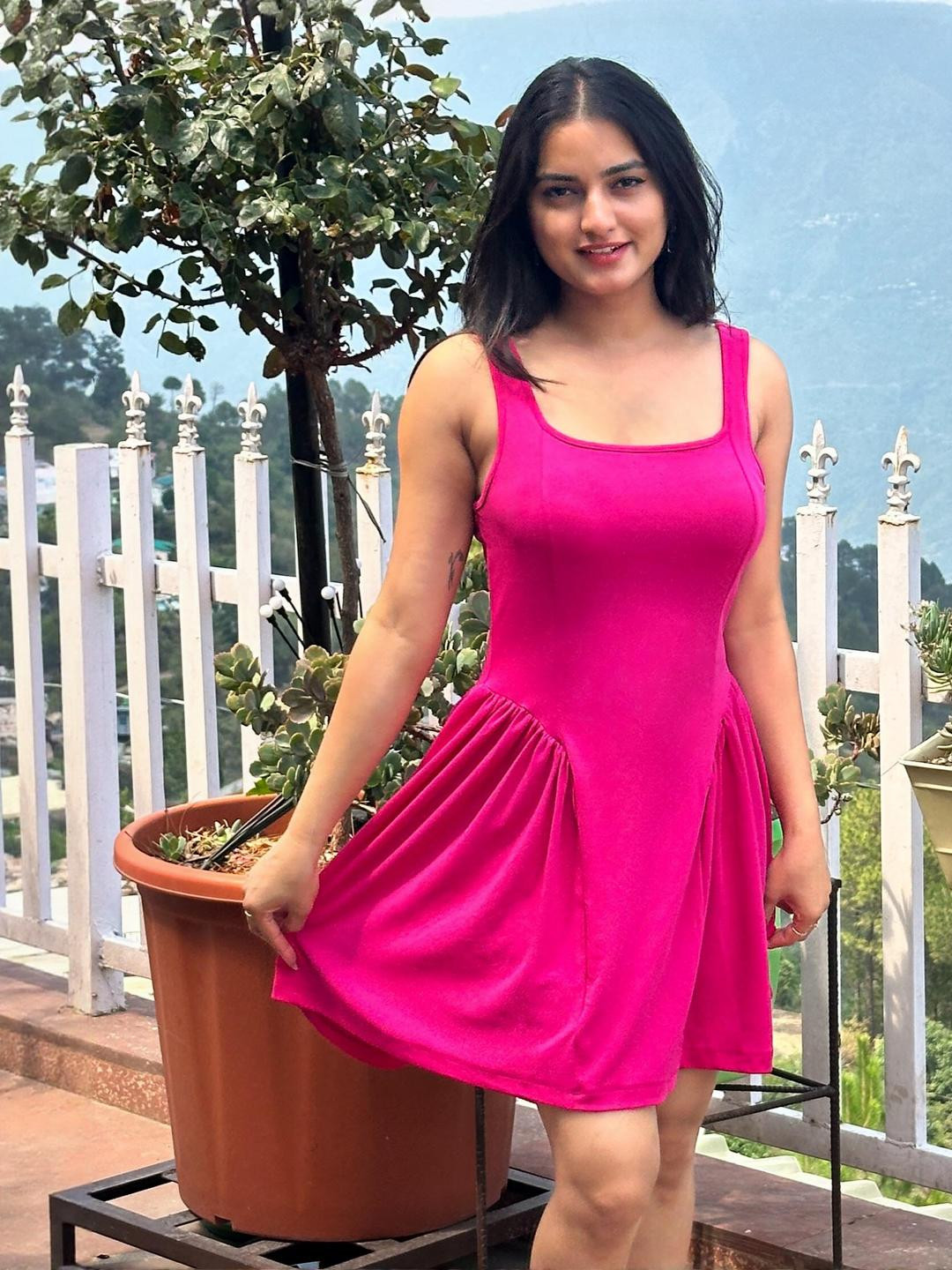 TANDUL Women Pink Polyester Sleeveless Gathered Fit & Flare Dress