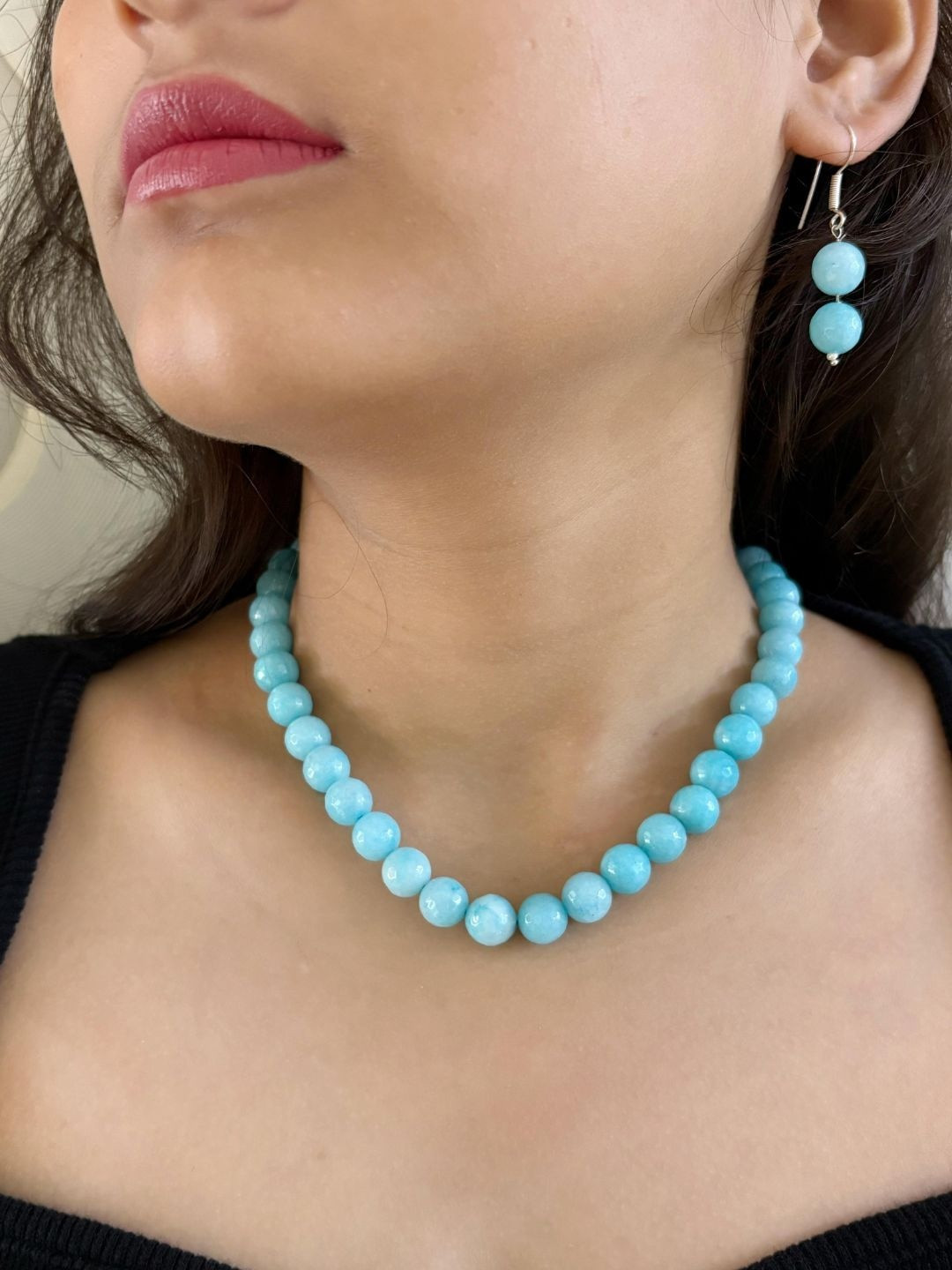 Gehna By Beadazzled Silver-Plated Blue Jade Beads Necklace With Earrings