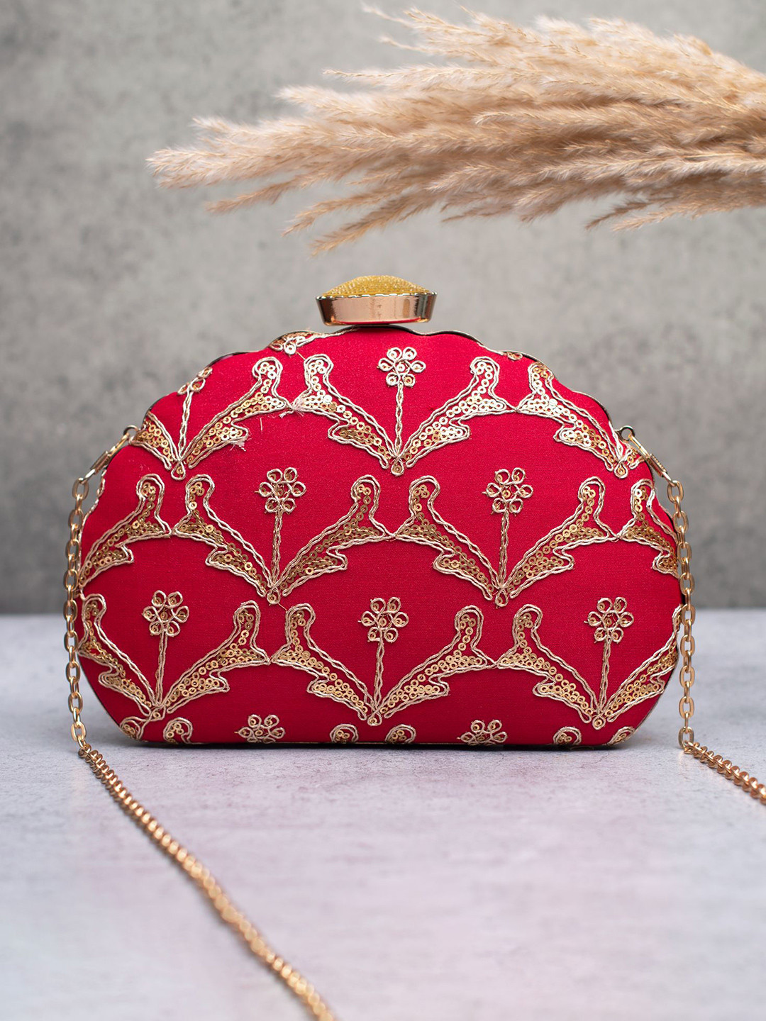 ARTKLIM Women Embroidered Half Moon Crimson Royale Clutch