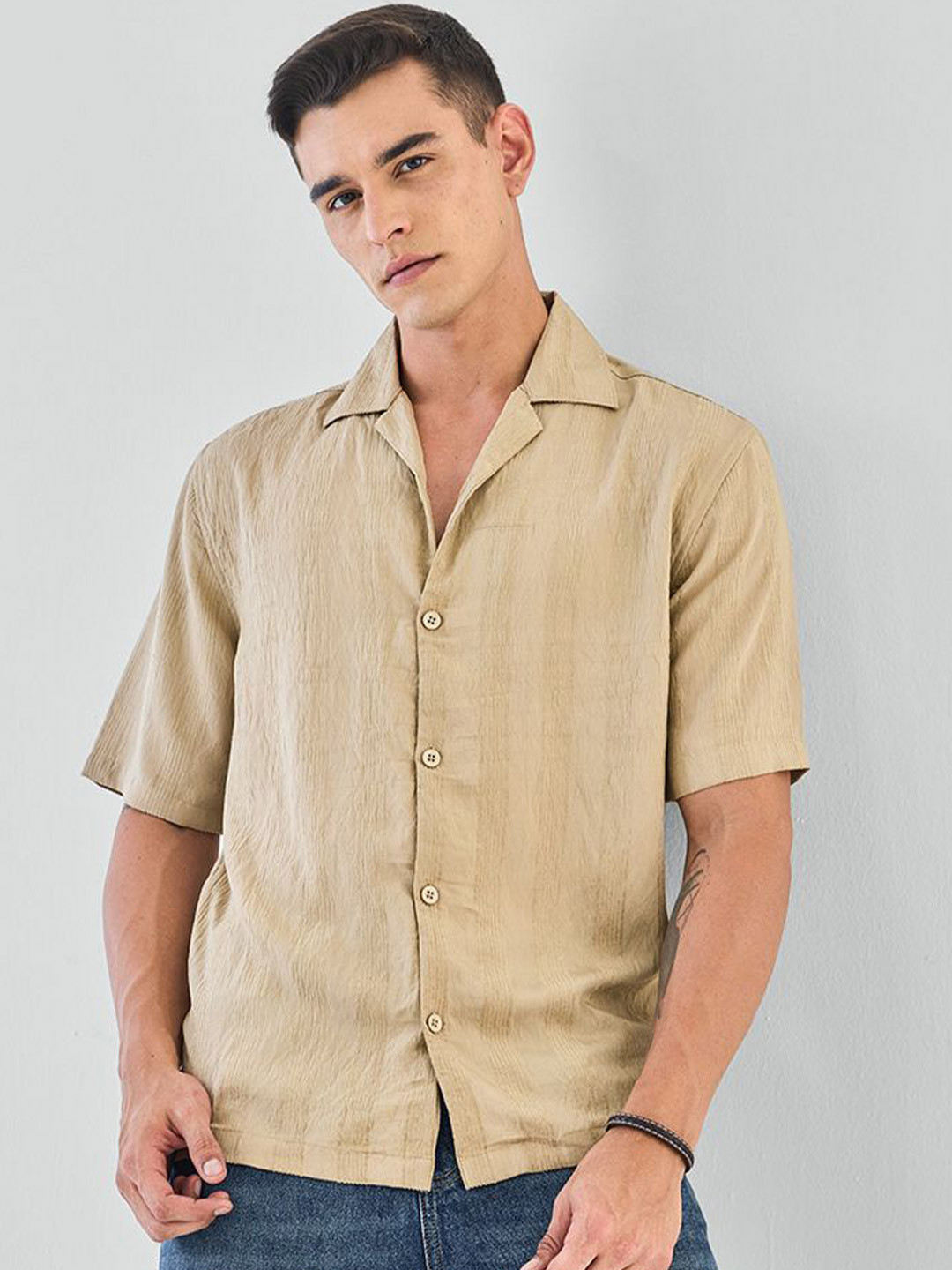 Snitch Men Beige Textured Shirt