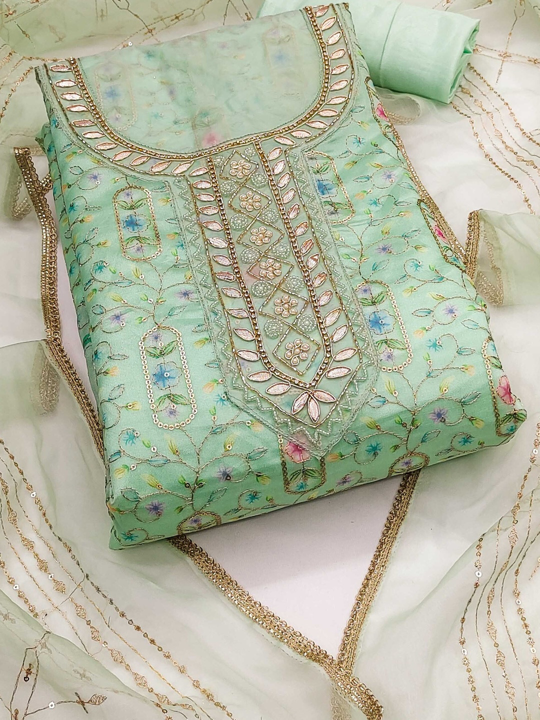 KALINI Sea Green Organza Unstitched Dress Material