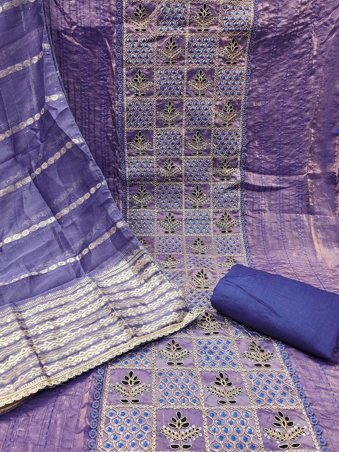 KALINI Silk Blend Blue Woven Design Dress Material