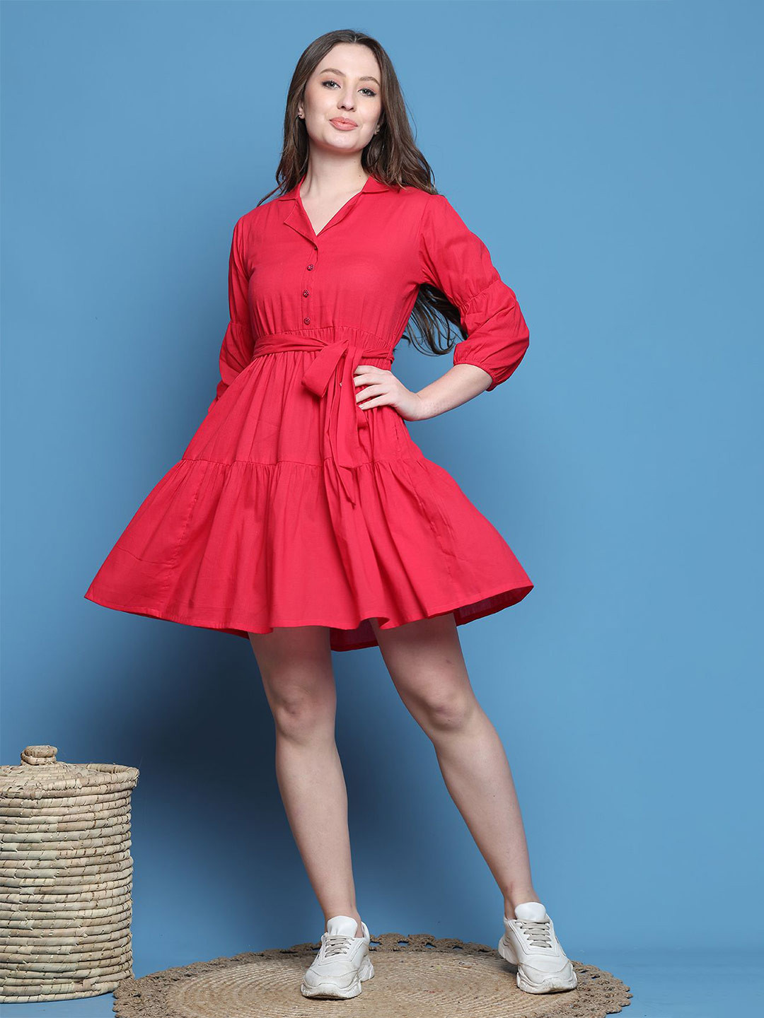 Merira Women Puff Sleeve Belted Tiered Fit & Flare Dress