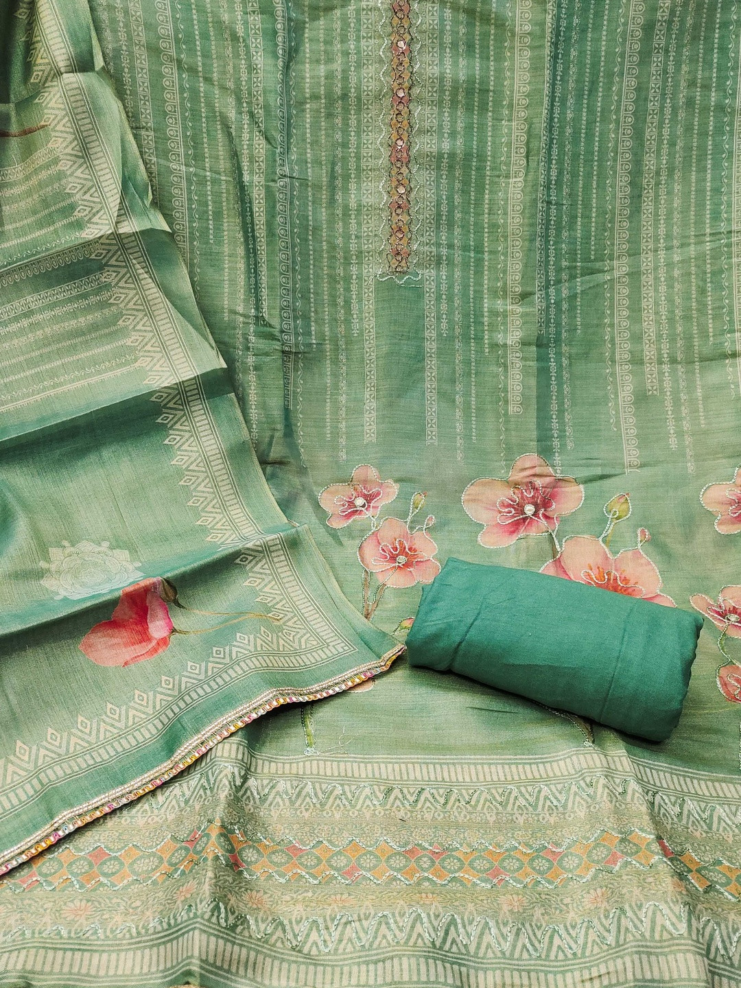 KALINI Cotton Blend Sea Green Embroidered Dress Material