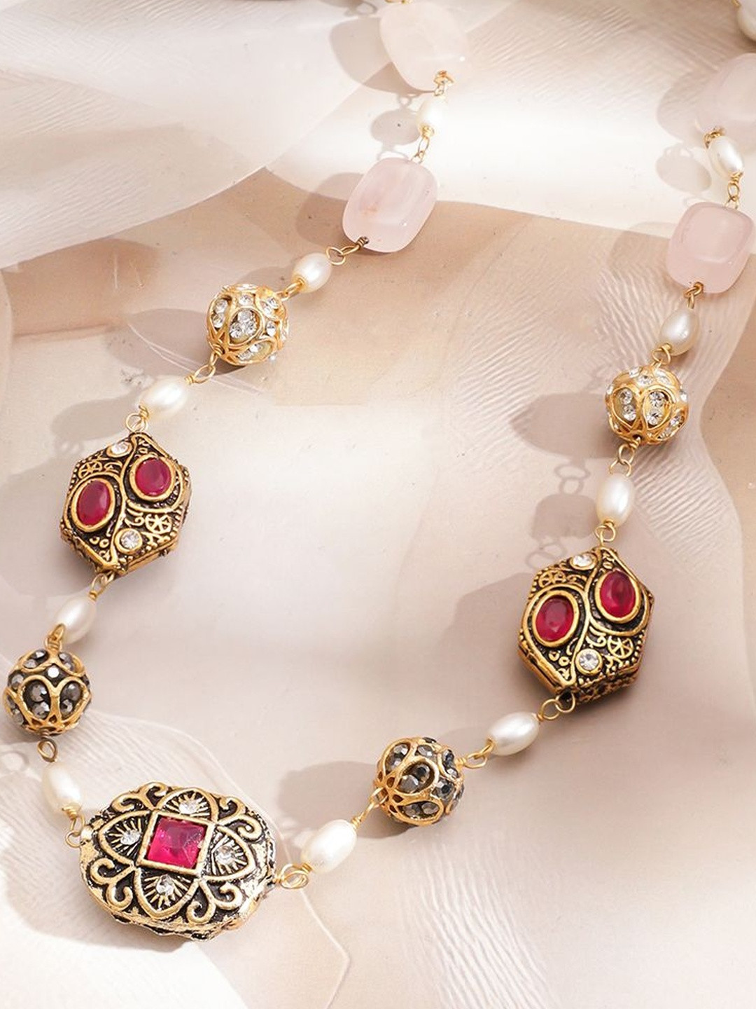 Rubans 22K Gold-Plated Pastel Pink Beads, Ruby Red Stone & Pearl Beaded Long Necklace