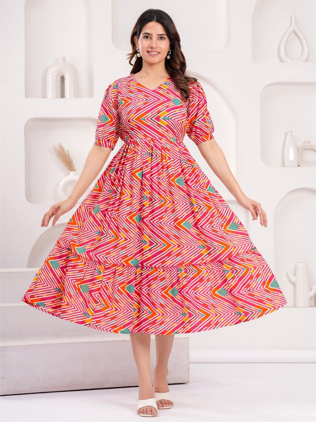 FASHION SWAG Chevron Printed V-Neck Tiered Cotton A-Line Maternity Ethnic Dress