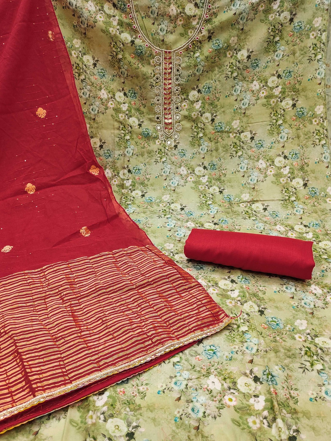 KALINI Green & Marron Embellished Unstitched Dress Material