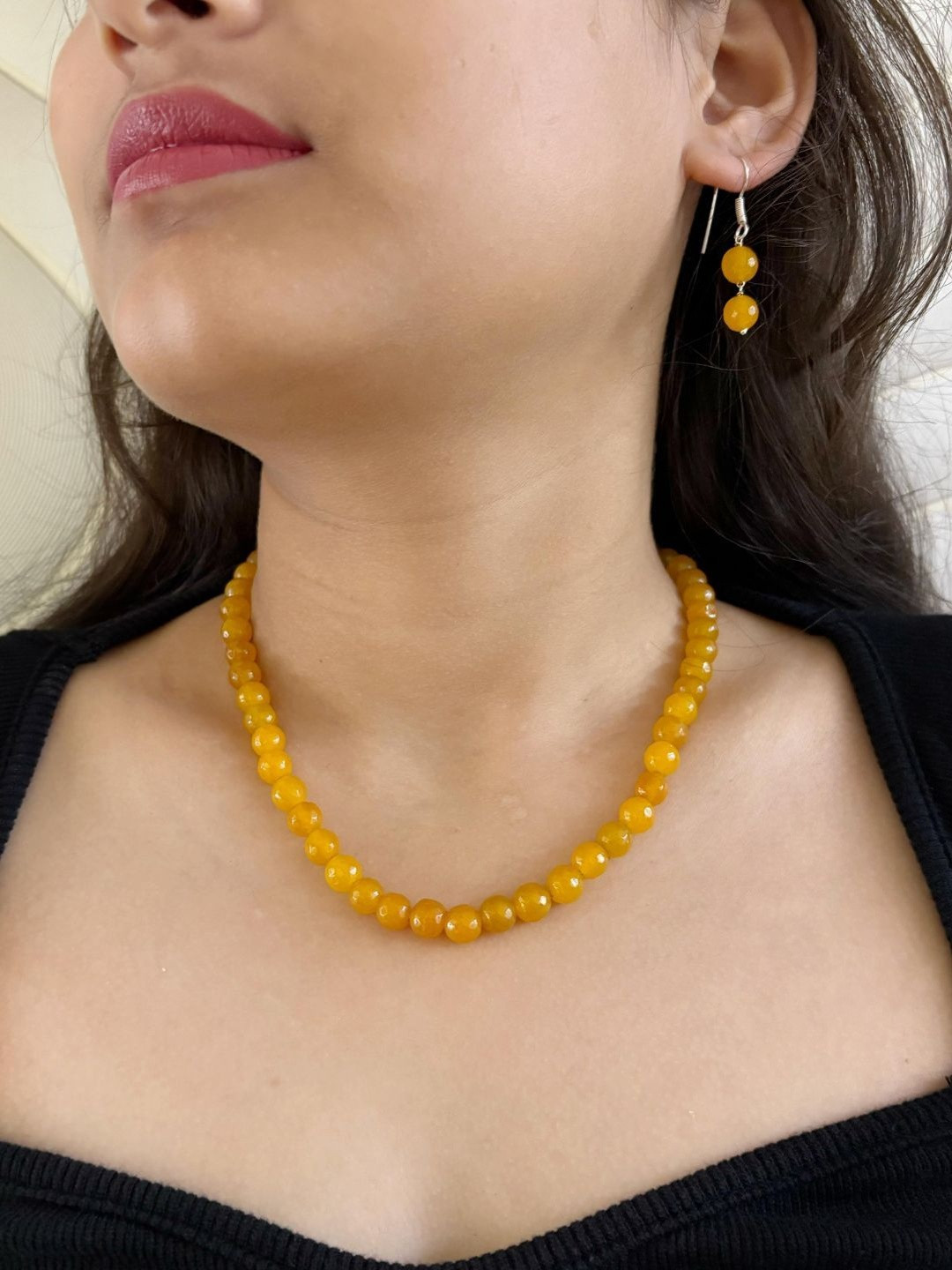 Gehna By Beadazzled Silver-Plated Yellow Jade Beaded Necklace With Earrings