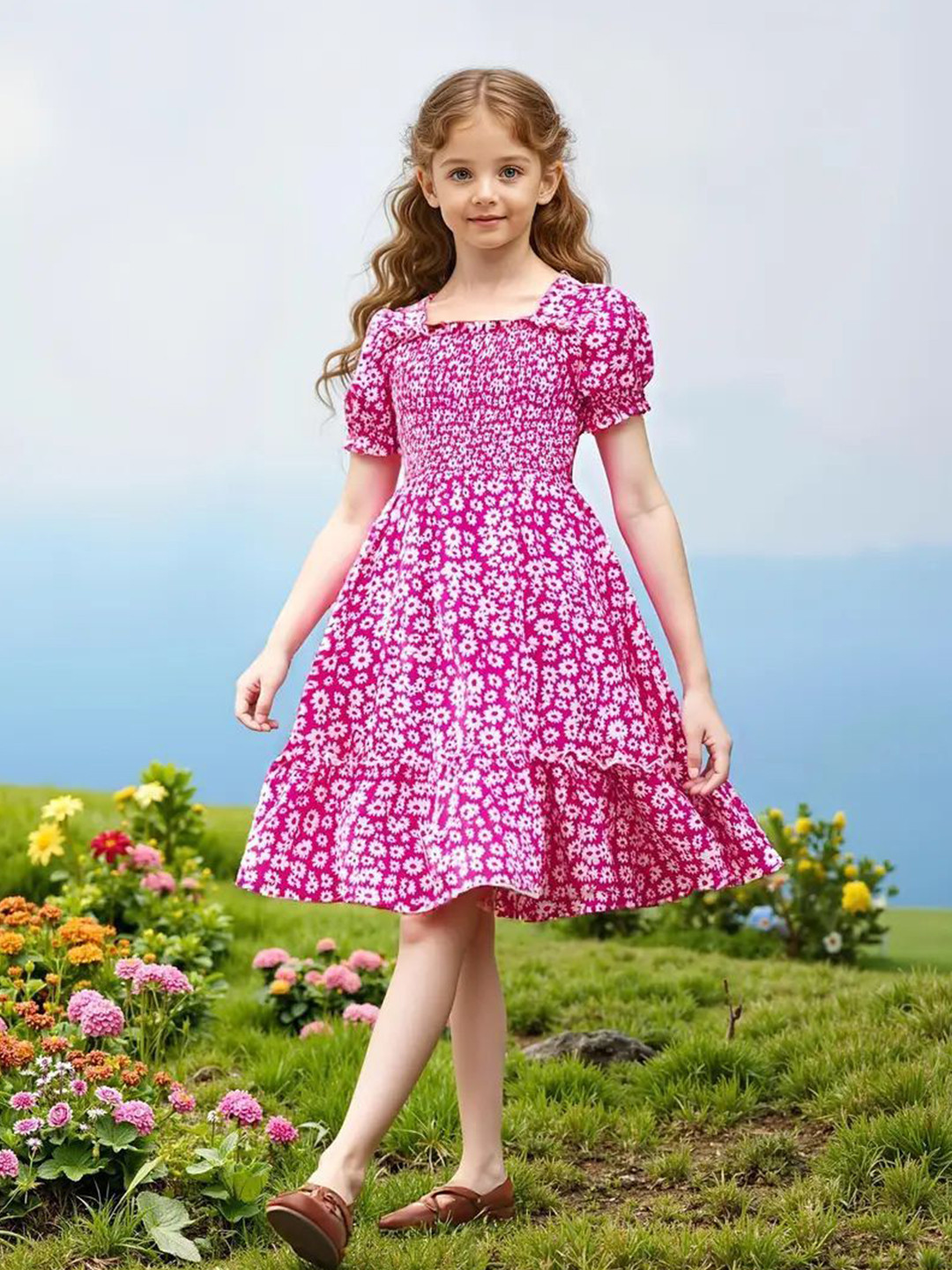 TOONKY Girls Floral Printed Cotton Puff Sleeve Dress