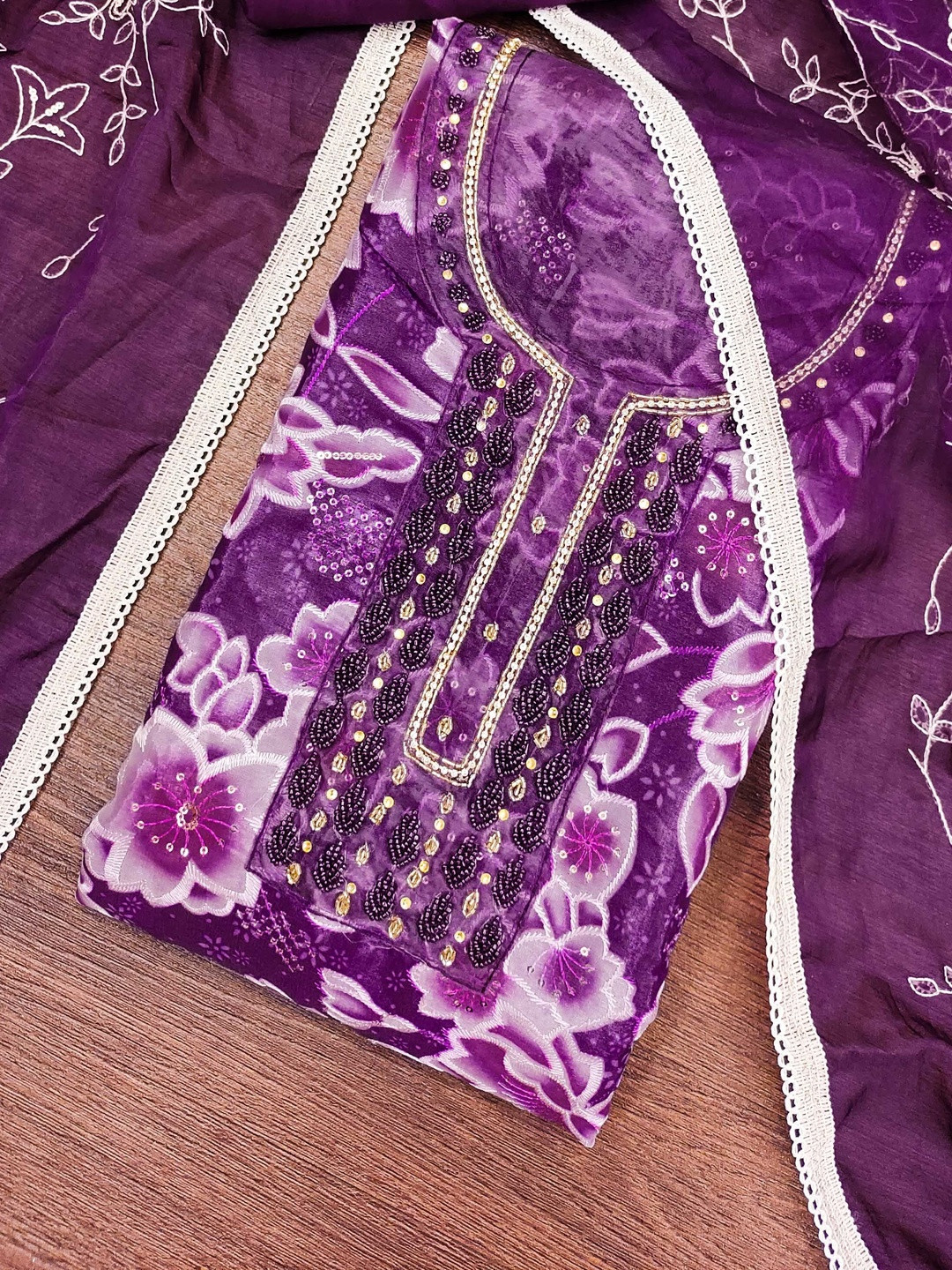 KALINI Organza Sequence Dress Material With Dupatta