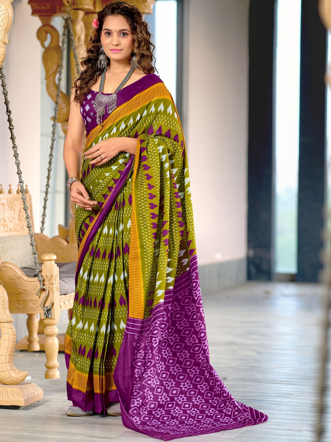 Moda Rapido Green & Purple Batik Pure Cotton Block Print Saree