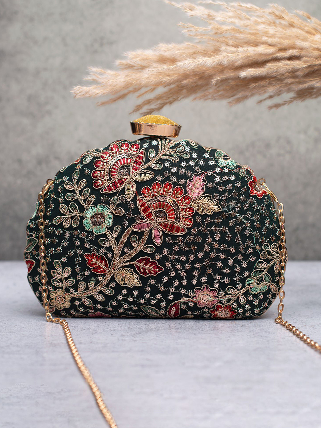 ARTKLIM Women Embroidered Half Moon Midnight Bloom Clutch