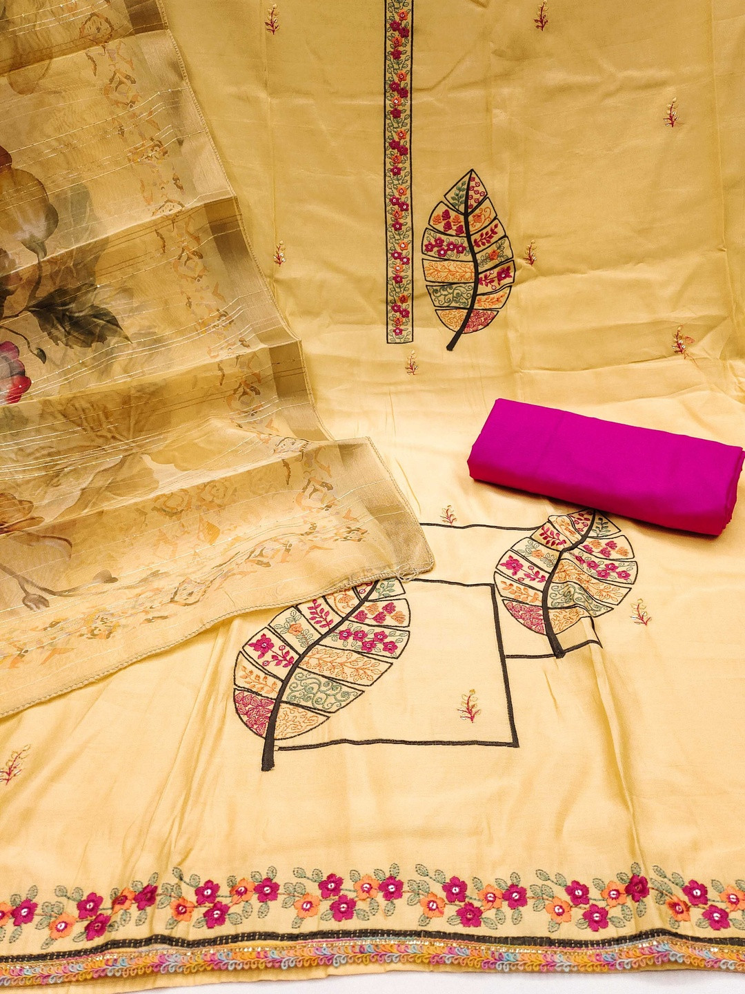 KALINI Women Yellow & Pink Unstitched Dress Material