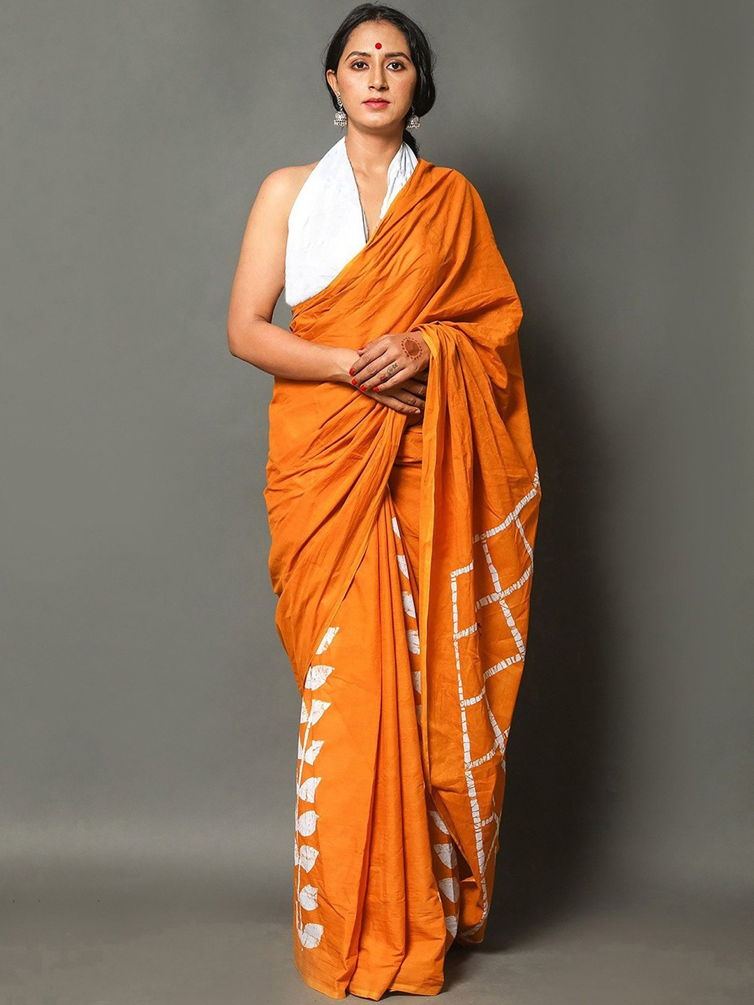 Moda Rapido Orange Colourblocked Pure Cotton Block Print Sarees