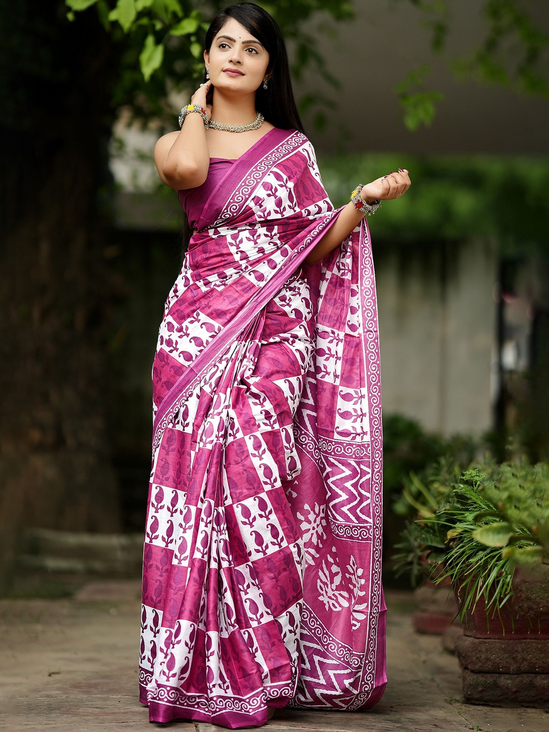 Anouk Burgundy Batik Pure Cotton Sarees