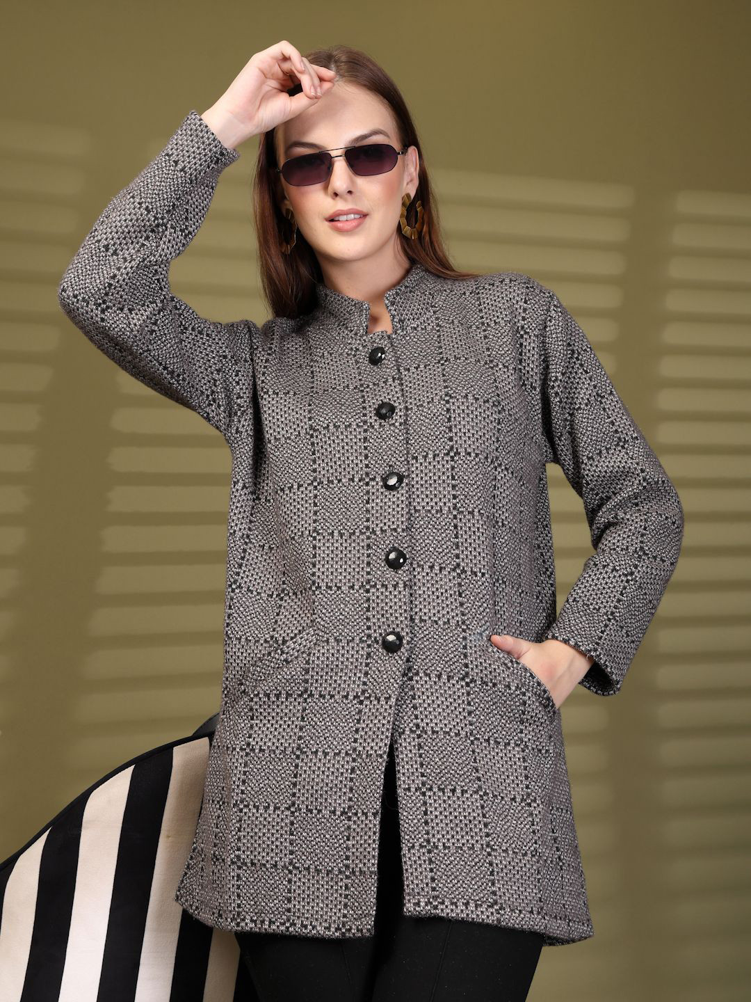 Clora Creation Women Checked Woollen Longline Cardigan with Button Detail