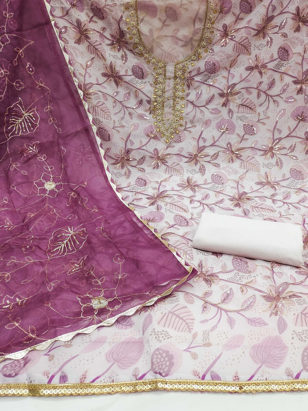 KALINI Organza Cream Woven Design Dress Material