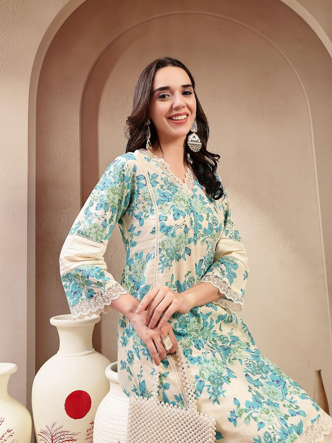Women Printed V-Neck Cotton Tunic and Trousers Co-Ords 8