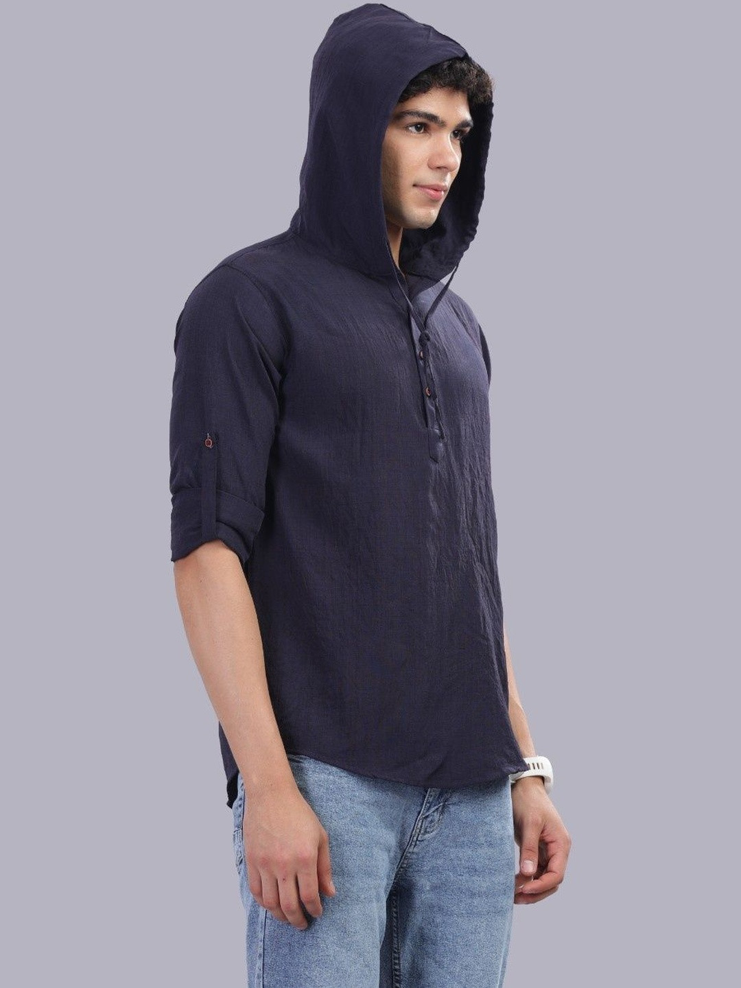 SZN Men Full Sleeves Hooded Viscose Rayon Short Kurta