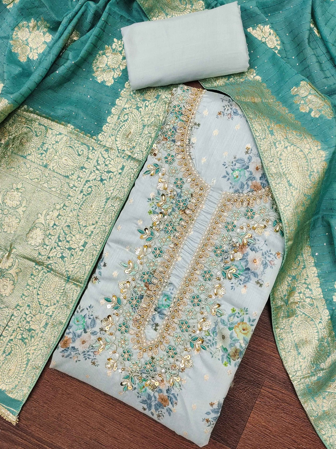 KALINI Pastel Blue Mal Chanderi Weaving Unstitched Dress Material