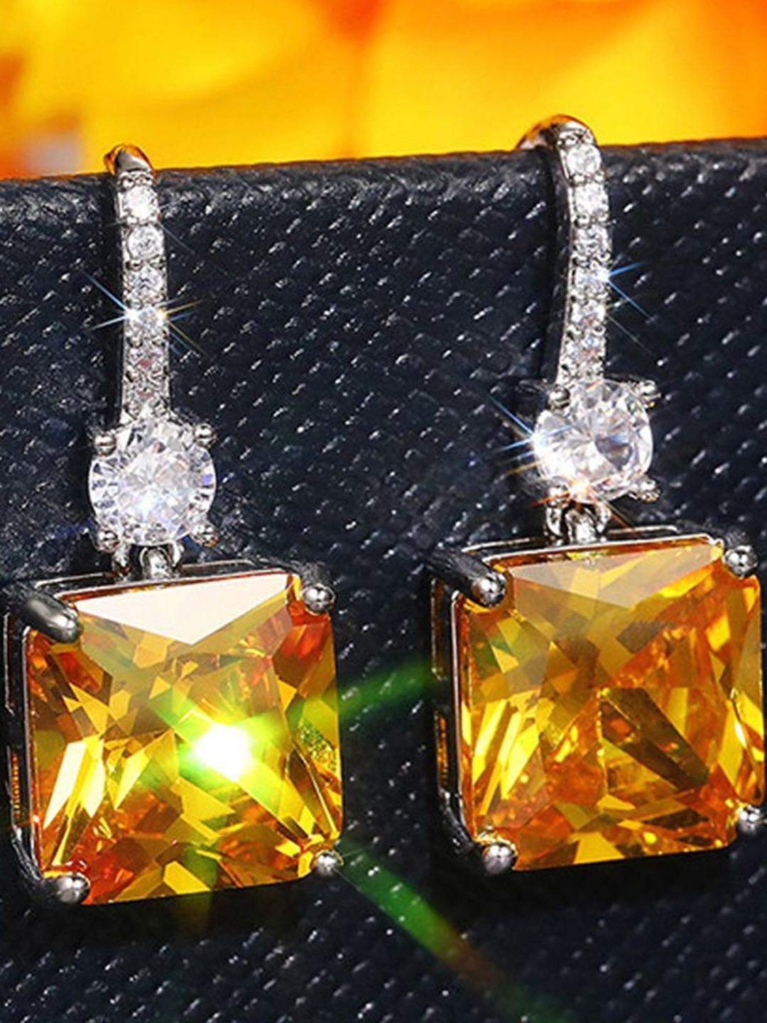 Jewels Galaxy Silver Plated American Diamond Studded Square Shape Ice Cut Hanging Earrings