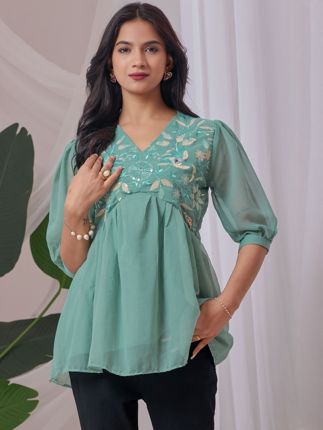 ZELZIS Women Floral Embroidered Georgette Tunic Top