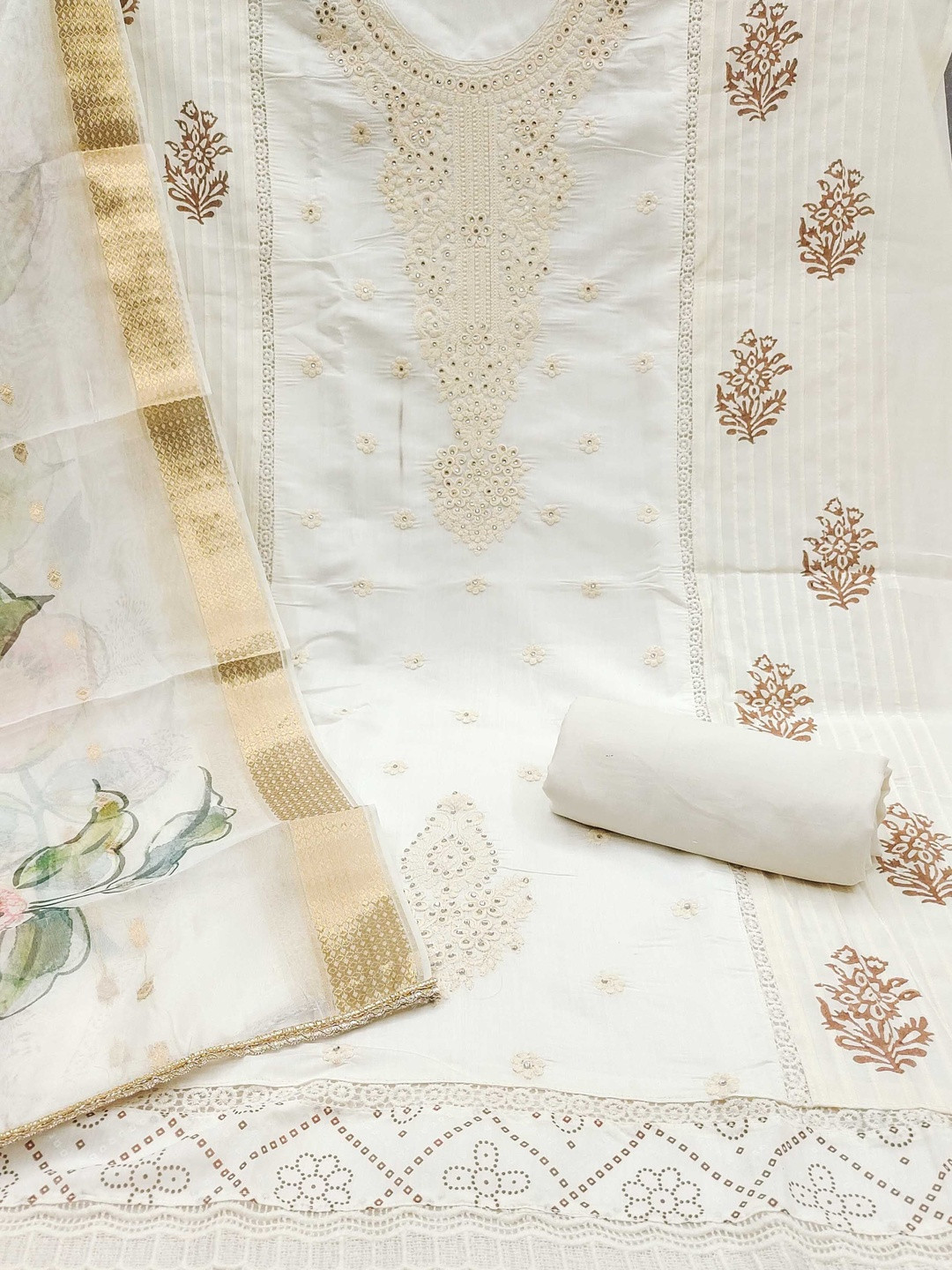 KALINI Cotton Blend White Embroidered Dress Material