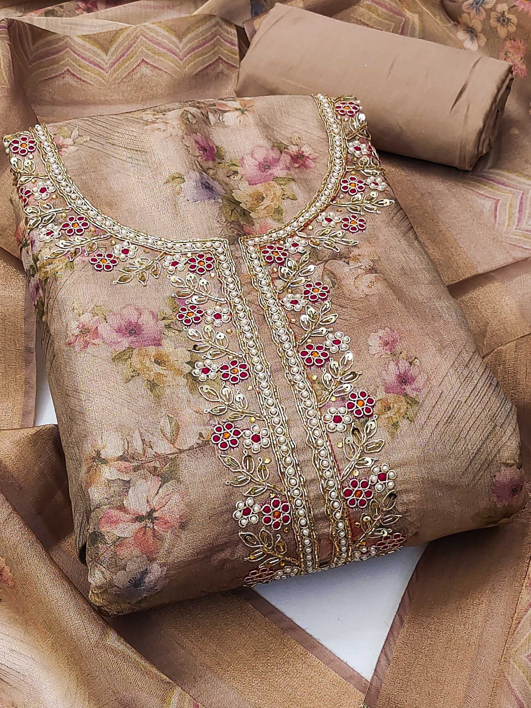 KALINI Viscose Rayon Multi Embellished Dress Material