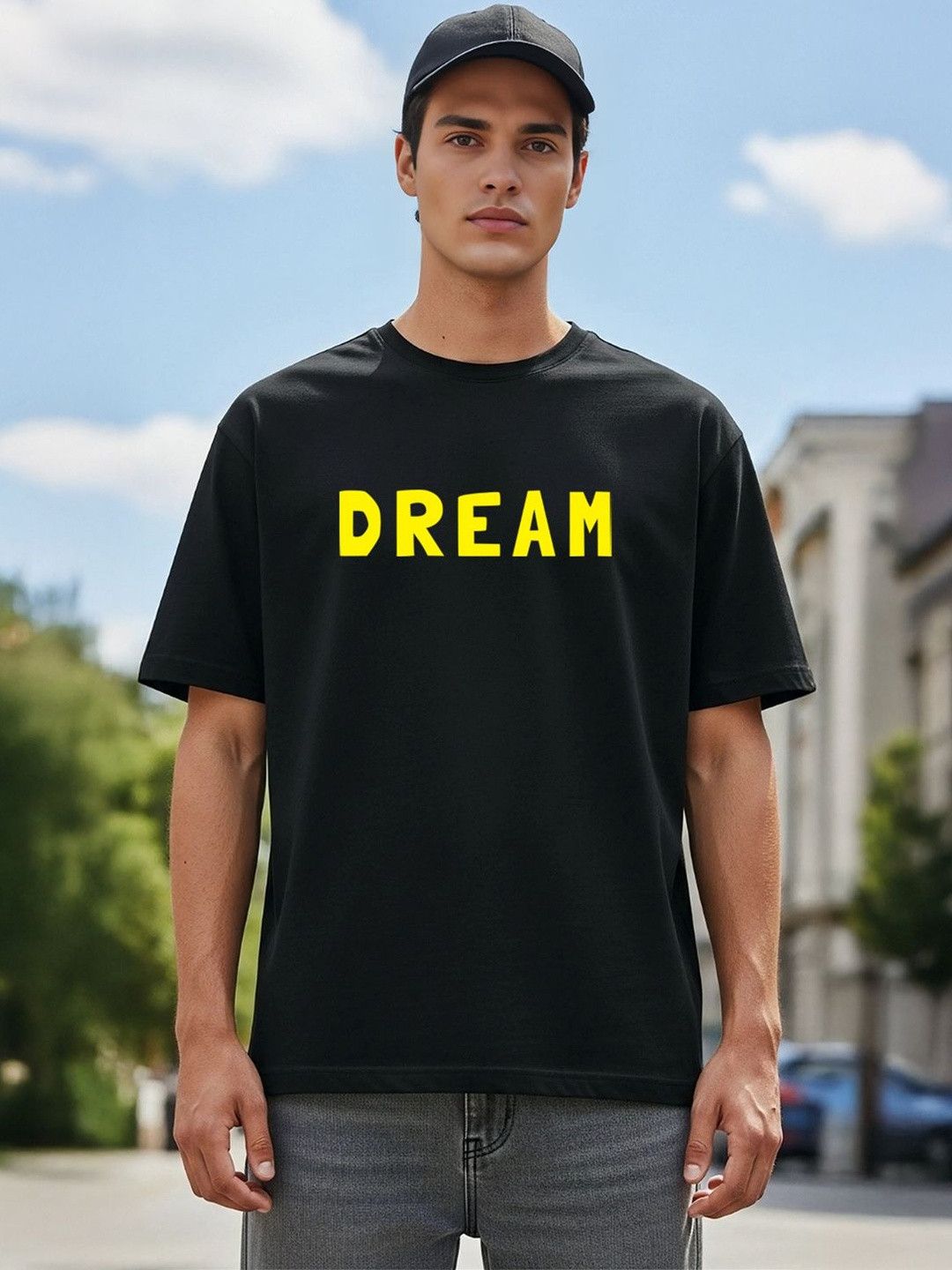 SZN Men Black Blended Printed Drop-Shoulder Half Sleeve Round Neck Oversized T-shirt