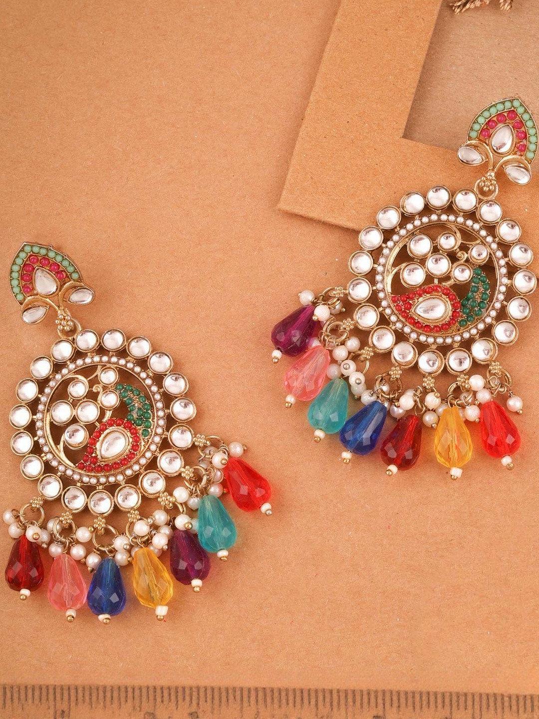 DIVASTRI Women Multi Colored Stones & Kundan Ethnic Drop Earrings