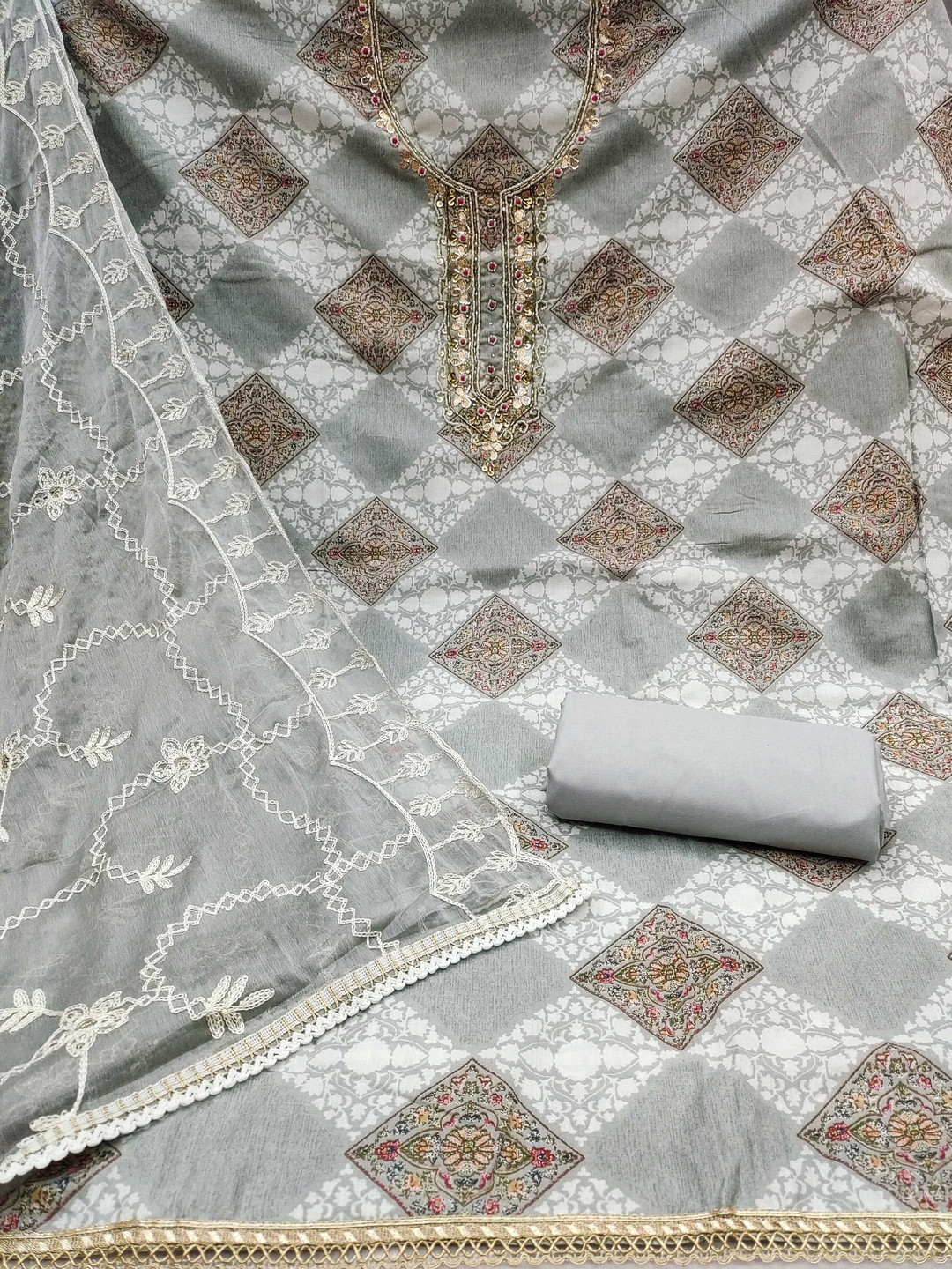 KALINI Cotton Blend Multi Embellished Dress Material